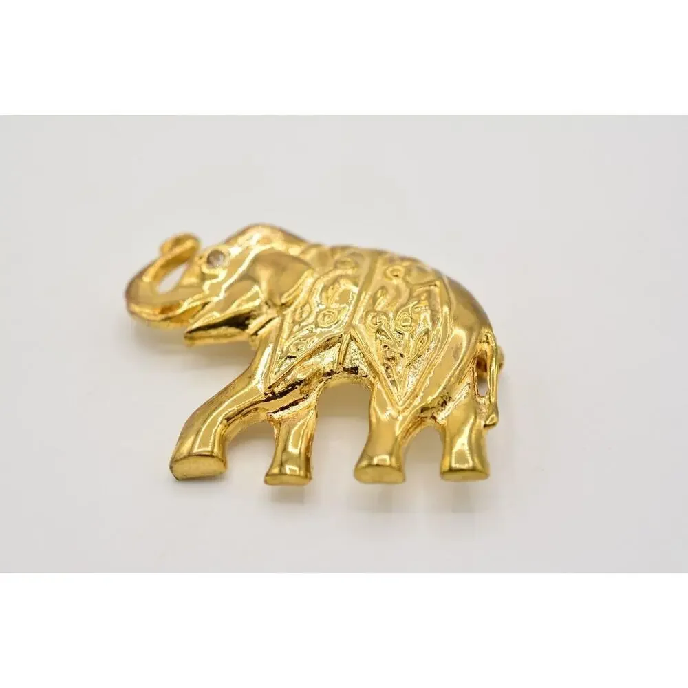 Vintage Elephant Pin Brooch Gold Rhinestone Antiqued Gold Tone Chunky 1980s 9B